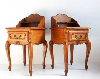 Couple Louis XV Style Drawer and Shelf  Bedside Tables Set of 2 French Provincial Nightstands Oak Side Tables Wooden Cabinets Midcentury 60s