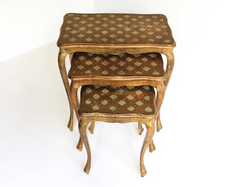 ヴィンテージ ハンドペイント ネストテーブル 3点セット 花柄