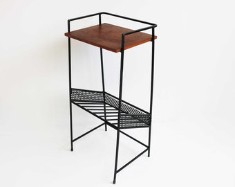 Midcentury Modern Teak Side Table Magazine Rack - 1960s Black Iron