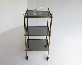 Maison Jansen Hollywood Regency Drinks Trolley French Side Table Brass Glass Three-Tier Rolling Occasional Table Bar Cart Midcentury 50s