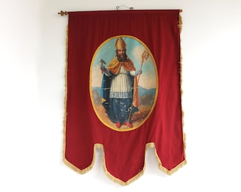 Dubbele vlag van St. Eligius en lam van God Kleine Jezus Agnus Dei Antieke stof Kerkbanner Eloi Eloy Handgeschilderde processie / altaar