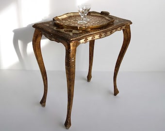 Italian Florentine Gold Hollywood Regency Wood Side Table and Serving Tray Additional Table Wooden Hall table Decorative Wall Table