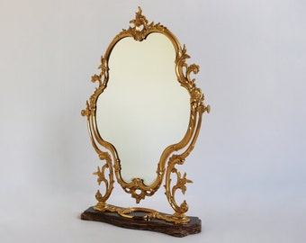 Mid-century Ornate Gilded Casted Brass Brown Marble Vanity Mirror Dressing Tabletop Mirror Gold Romantic 1960 Classic Antique Style Folding