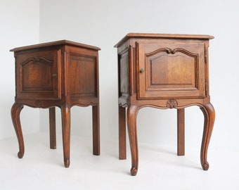 Set Of Two Country French Louis XVI Style Antique Style Hand Carved Oak Nightstands 1960 Doors Midcentury Bedside tables Vintage End Tables