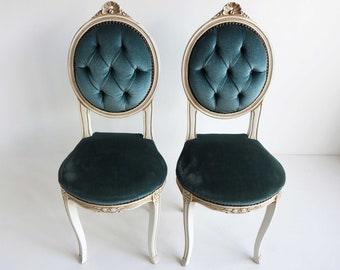 Antique Style Velvet Boudoir Chairs: Hand Carved Regency Pair