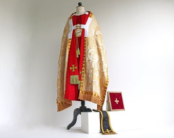 Antique Embroidered Catholic Vestment Set: Chasuble, Veil, Stole, Burse