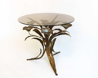 Mid-Century Gilt Florentine Side Table by Hans Kögl Hollywood Regency Gilded Metal German Round Coffee Table 1960s Design Smoked Glass Table
