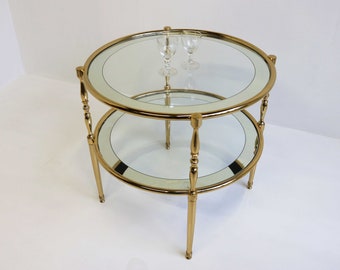 Vintage Brass Side Table: Hollywood Regency Mirrored Glass Shelves