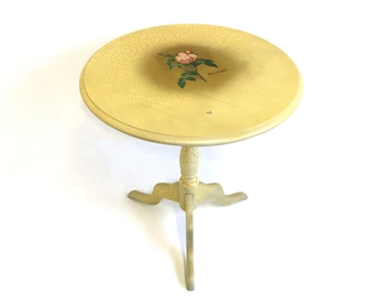French Provincial Tripod Side Table: Vintage Craquele Painted Accent Table