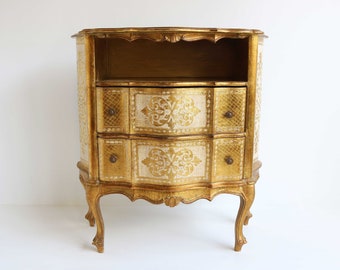 large Italian Mid-Century Modern Cabinet Two Drawers Vintage Florentine Furniture 60s Design Hollywood Recency Gold and White Wall Cabinet