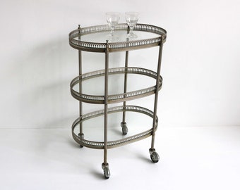 Small Mid century Silvery Metal Oval 3 Tier Bar Cart Silver Tiny Tea Cart Cocktail Cart Additional Table Side Table Display Cart Glass 50s