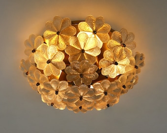 Large appr. 16" Diameter Mid-Century Floral Murano Brass Crystal Glass Ceiling Light Ernst Palme Germany 1960 Flower Flush Mount Wall Light