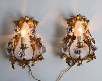 Pretty Pair of Gilded Tole Italian Wall Sconces With Hand Made Pink Porcelain Roses Flower Wall Lights Hollywood Regency Romantic 1950 1960