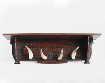 Chip Carved Coat Rack Dutch Antique Hat Rack Wood Bull/Cow Horns Ca 1910-1920 Folk Art Hand Carved Frisian Kerfsnede Entryway Country Style