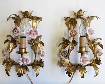 Lovely Pair of Gilded Tole Italian Wall Sconces With Hand Made Pink Porcelain Roses Flower Wall Lights Hollywood Regency Romantic 1950 1960