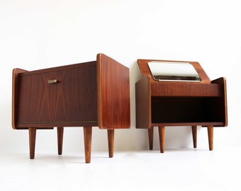 Pair of Midcentury Modern Teak Veneer Nightstands with White Formica Tops Mirror Scandinavian 60  Bedside Table Additional Side Table Danish