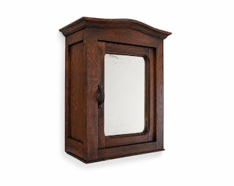 Antique Oak Mirror Wall Cabinet | Bathroom Storage | Hanging or Freestanding