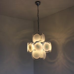 Vintage Murano Glass Disc Chandelier by Gino Vistosi | 1970s Italian Mid-Century Modern Pendant Lamp | 16 White Transparent Discs
