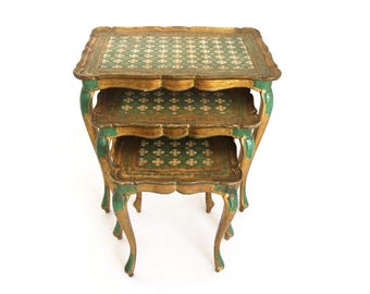 Vintage Italian Florentine Nesting Tables, Gilded Wood, Hand Painted, 1960s