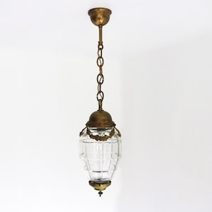 Antique Art Deco French Hanging Lamp with Garlands , Gilded Brass And Etched Glass Ceiling lamp Hallway Pendant Lamp Lantern, 1930s