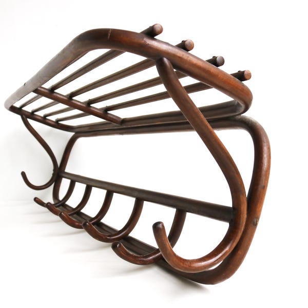 Antique Thonet Bentwood Wall Coat Hat Rack Hand- Crafted Art Nouveau Curved Bent Wood Rustic Farmhouse 1900s