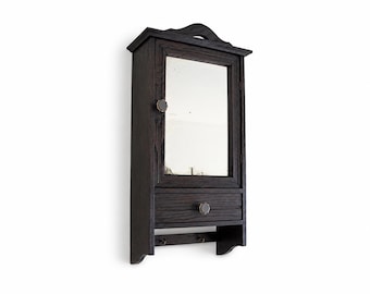 Antique Oak Wall Cabinet with Mirror Drawer & Hooks Art Deco Hall Cabinet