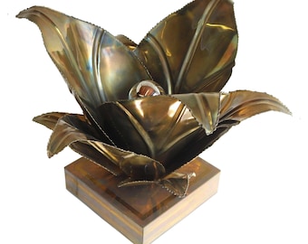 Maison Jansen Aloe Vera Plant Table Lamp, Regency Floral Table Light, Brass 60s
