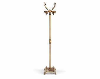 Antique Style Brass Hall Tree: Rotating Crown, Marble Base, Hollywood Regency Entryway Stand
