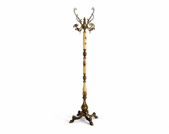 Vintage Italian Brass & Onyx Marble Coat Rack, Rotating Crown Hall Tree,  Antique Style, 1960s