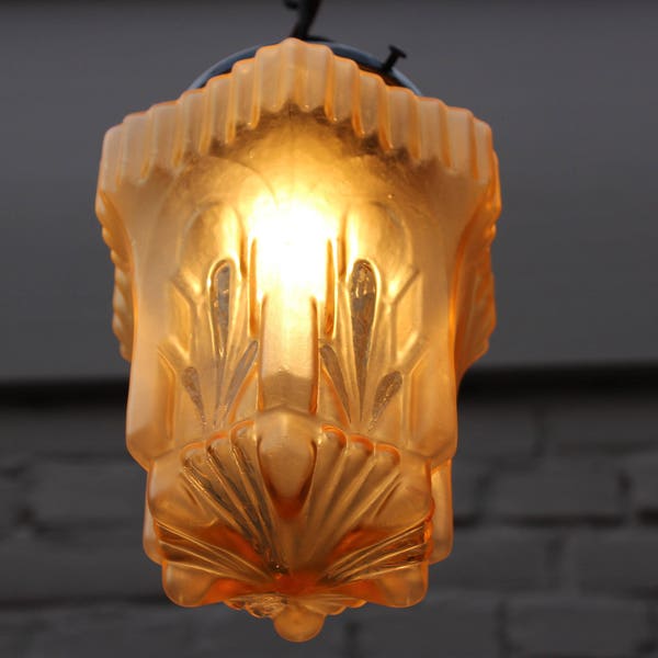 Small antique Art-Deco Skyscraper Lamp yellow Frosted Glass Shade 1920's pendant chandelier vintage mid-century