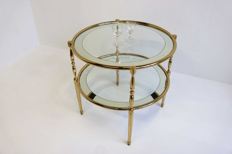 Round Brass Side Table With Glass Shelves Surrounded by a Etsy