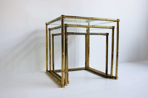 Brass Faux Bamboo Italian Mid Modern Nesting Tables Glass Tops Vintage Side  Tables Nest of Three Occasional Tables Hollywood Regency 1970s 