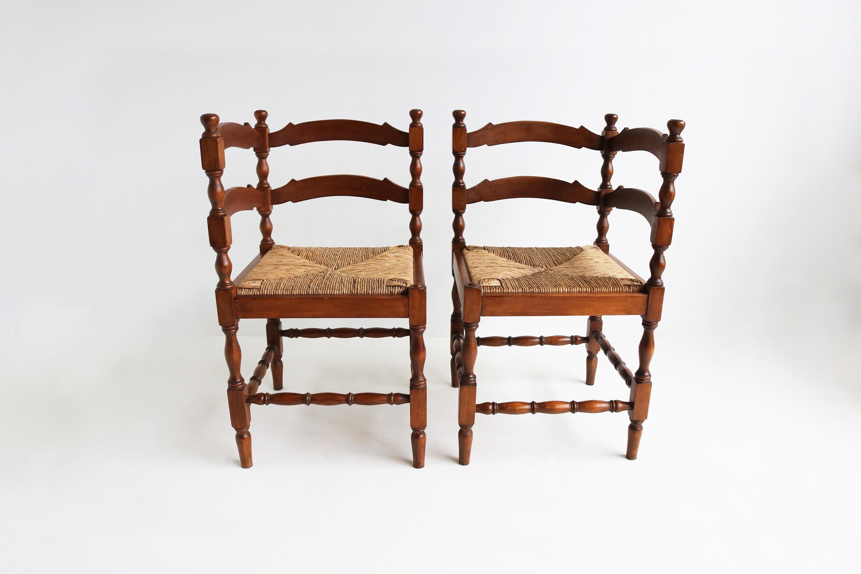 Pair of Antique Dutch Corner Chairs – Rustic Oak & Woven Rush Seat – 1930s Farmhouse Fireside Chairs