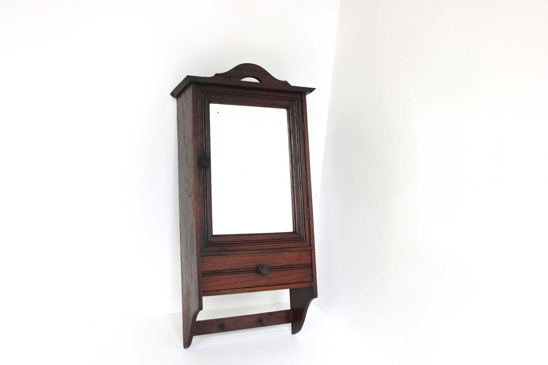 Vintage Small Wall With Pediment Beveled Mirror Small Drawer
