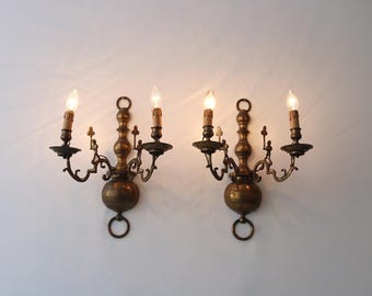 Antique Brass Wall Sconces – Figural Details, French Style Lighting, Rich Patina