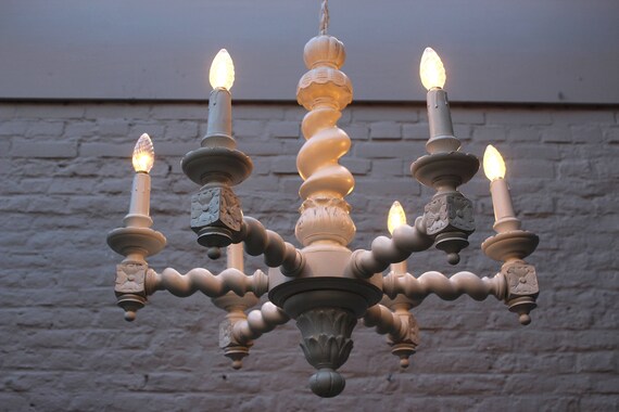 Antique Carved Wood Wooden Barley Twist Twisted White Painted Image 0