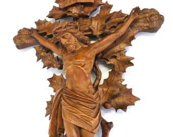 Antique Hand Carved Wooden Black Forest Crucifix With Corpus of Christ Sculpture Quality Craftsmanship Wood Carved Religious Church 1900s