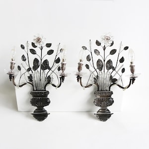 Pair of Vintage Maison Baguès Paris Wall Sconces French Couple Grystal and Iron Wall Lights Flowers and Leaves Early 20th Century