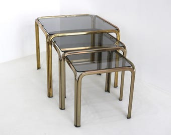 Vintage Mid-Century Smoked Glass Nesting Tables – Gold Brass Set of 3 Italian Design