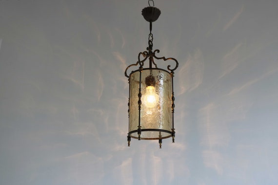 Vintage Brass Cylinder Glass Pendant Lantern: French Entryway Light