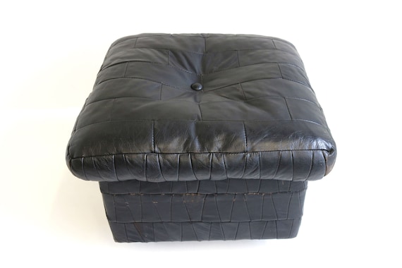 Square Vintage Patchwork Black Leather Ottoman Storage Unit - Black Leather Ottoman With Storage Square Square Vintage Patchwork Black Leather Ottoman Storage Unit - Black Leather Ottoman With Storage Square