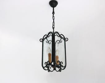 Vintage Wrought Iron Pendant Lantern: Etched Glass, French Style