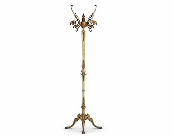 Vintage Italian Onyx Marble and Brass Hall Tree, Decorative Coat Rack, Statement Entryway Piece