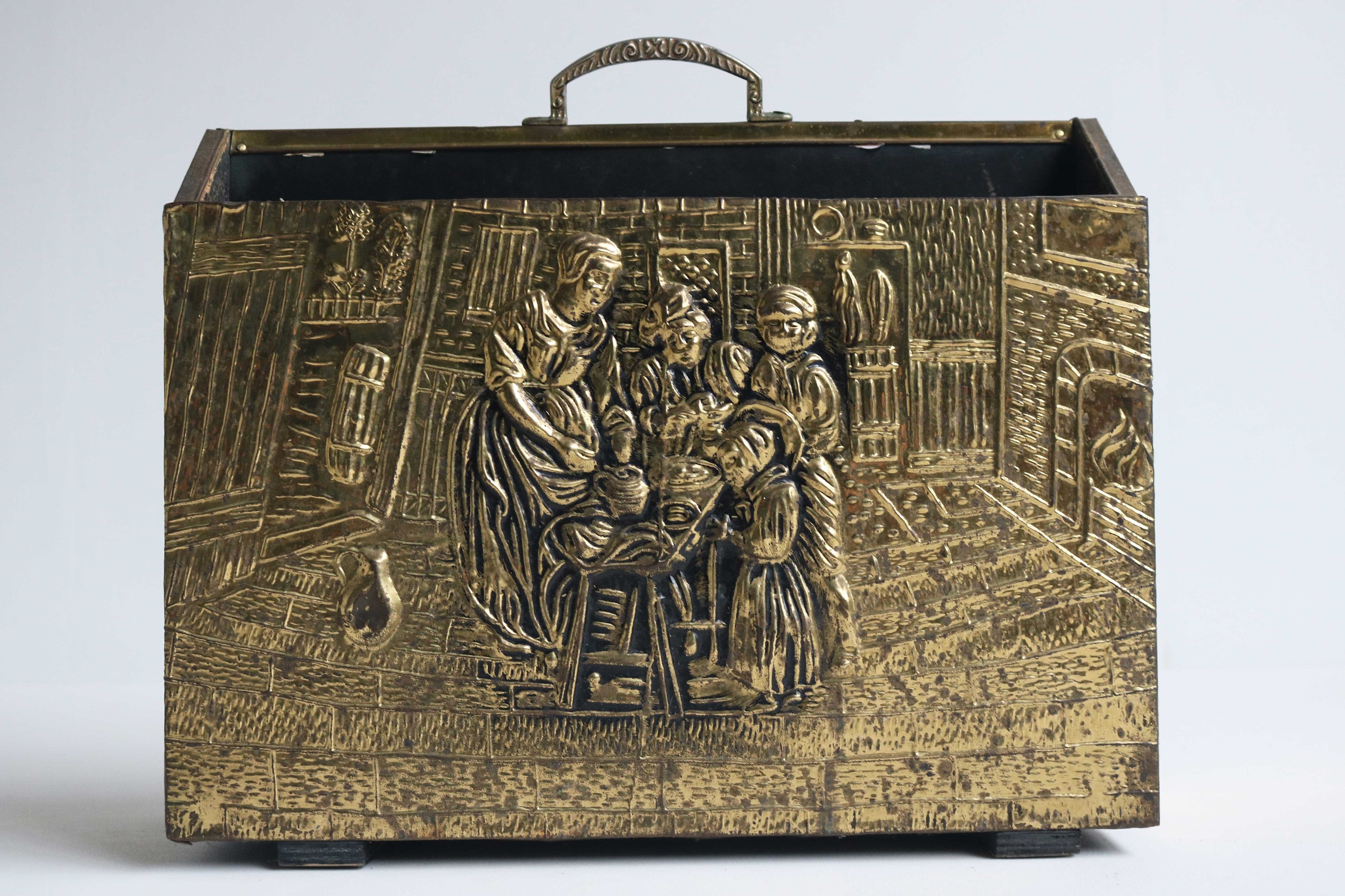 Vintage Brass Record Rack Magazine Rack Embossed Relief Repousse Scene Covered Wood Box Fireplace Two Section Book Holder England 1960s