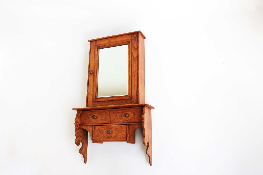 Antique Art Nouveau Wooden Medicine Bathroom Kitchen Beveled Mirror Small Wall