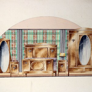 Art deco aquareltekening, meubelontwerper, meubelfabriek làrt mobilier in Brugge met de hand gemaakt speciaal 1920 1930