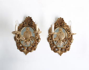 Gilt Brass Mirror Sconces: Louis XV Style Wall Lights, Pair