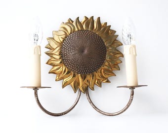 Maison Charles Sunflower Sconce, Marked Charles & Fils France, 1960s Brass Bronze Light