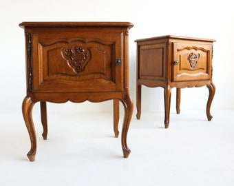 Handcarved Oak Nightstands: French Louis XVI Style Bedside Tables