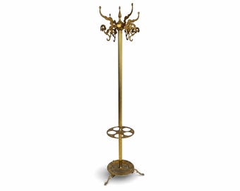 Luxury Vintage Brass Hall Tree Coat Rack with Umbrella Stand, Cane Holder & Rotating Crown